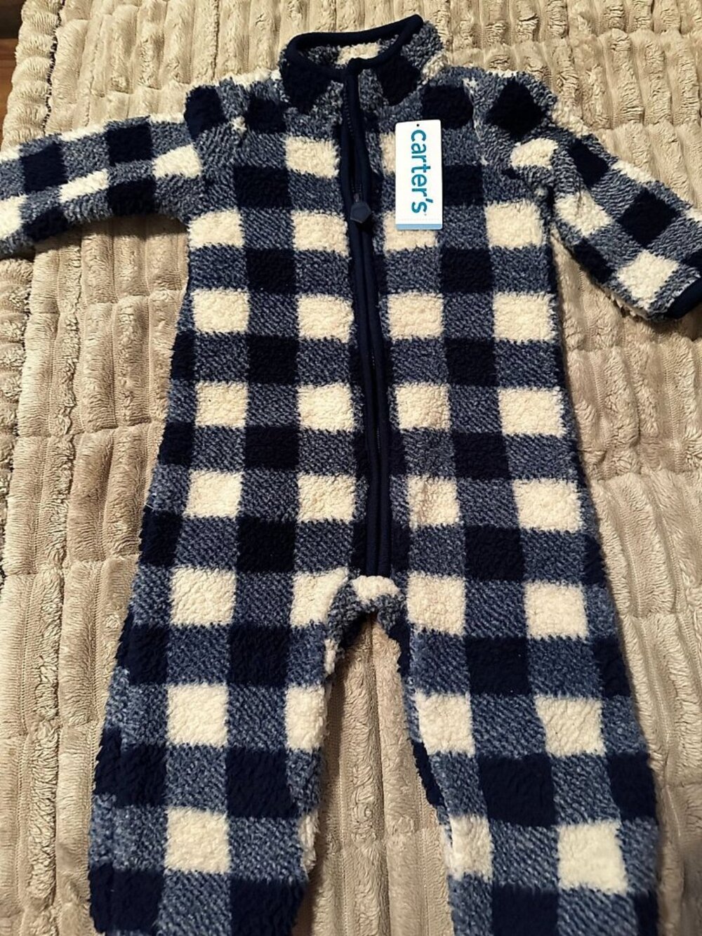 Carter's Navy Blue and White Buffalo Check Sherpa Fleece ZipUp Onsie Jumpsuit